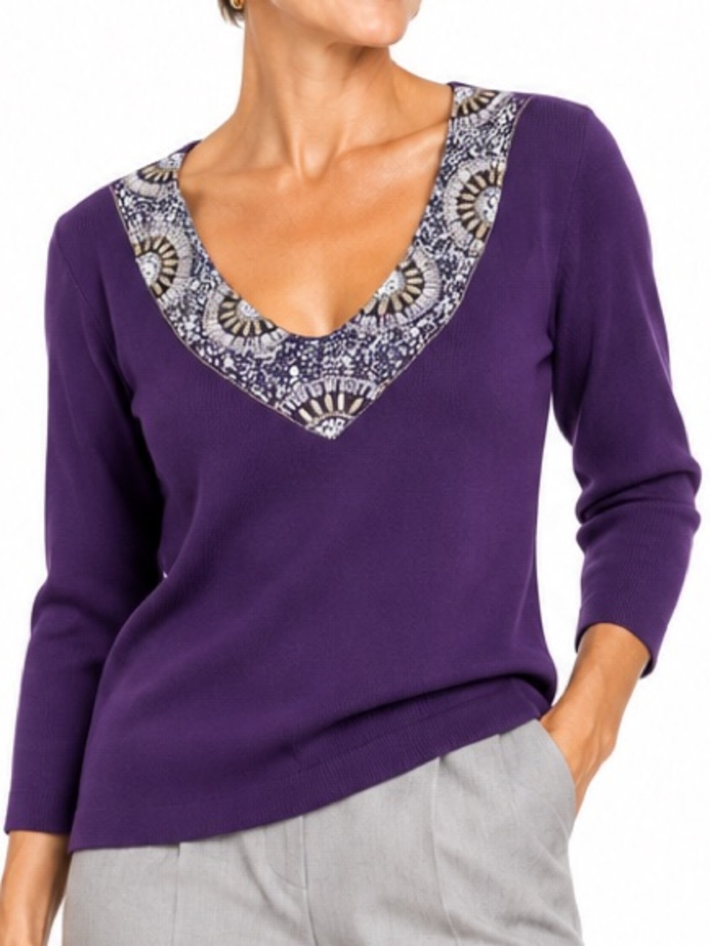 Valenti sweater, EUC, beaded neckline, deep rich purple, 3/4 sleeve, sz Med